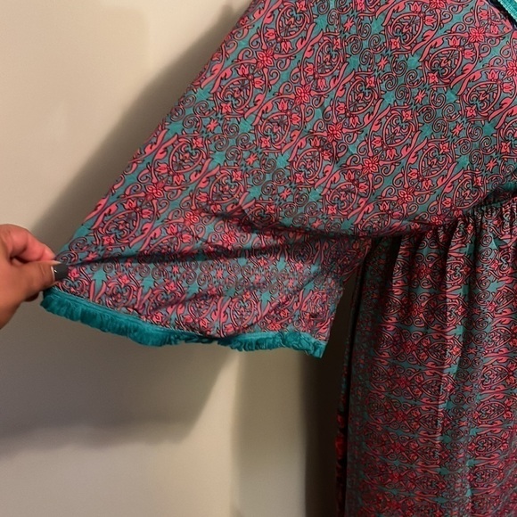 Patterned Maxi Dress in Red, teal and purple in size medium silk blend.  Fringe - Picture 3 of 15